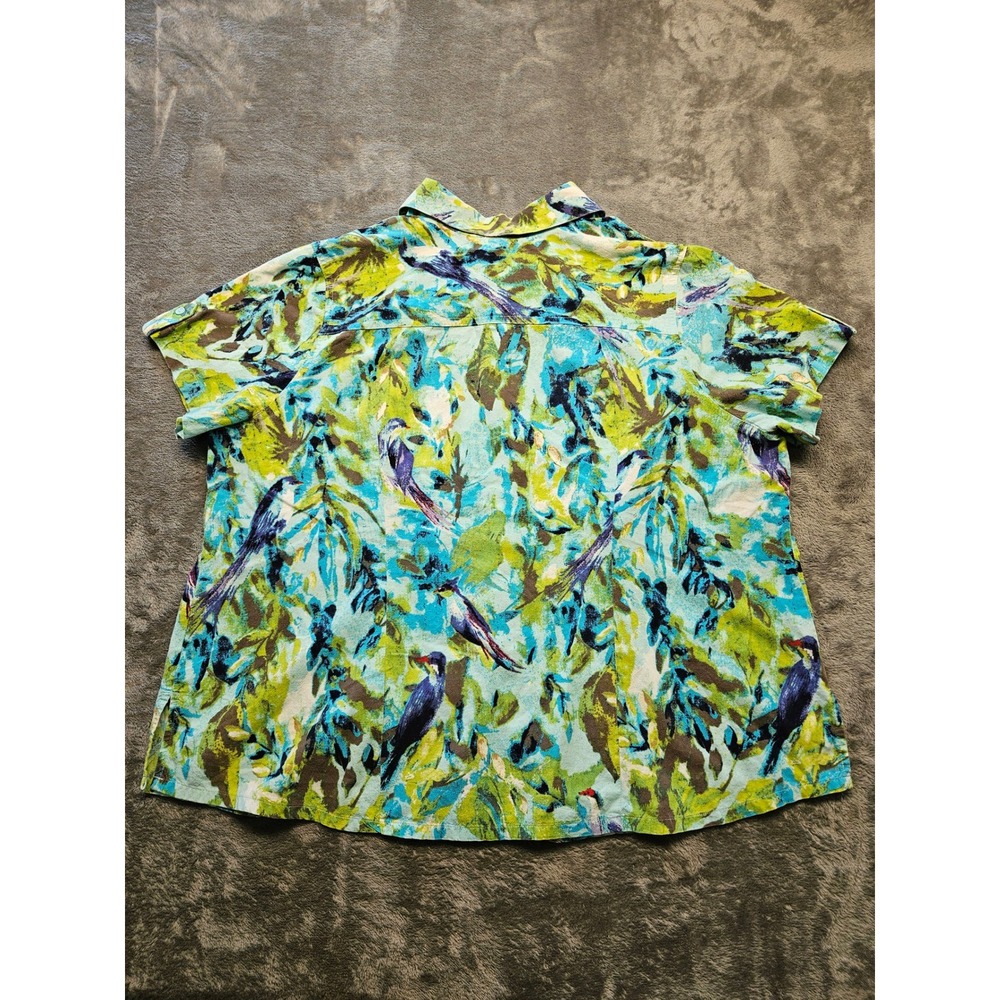 White Stag Womens 3X Tropical Bird Print Cotton Button Front Blouse Teal Green - Picture 6 of 6